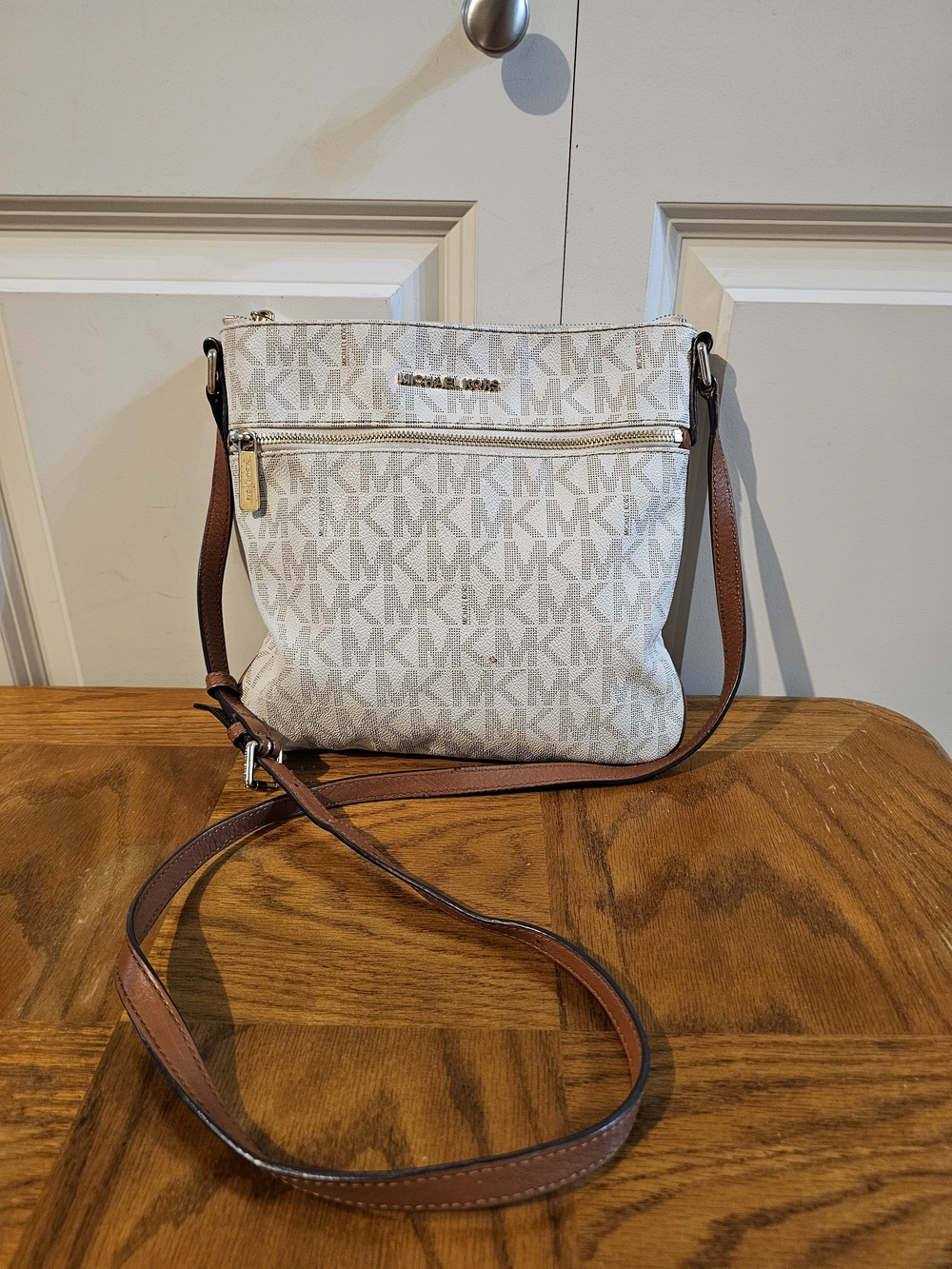 Michael Kors White Logo Crossbody Bag with Brown Strap